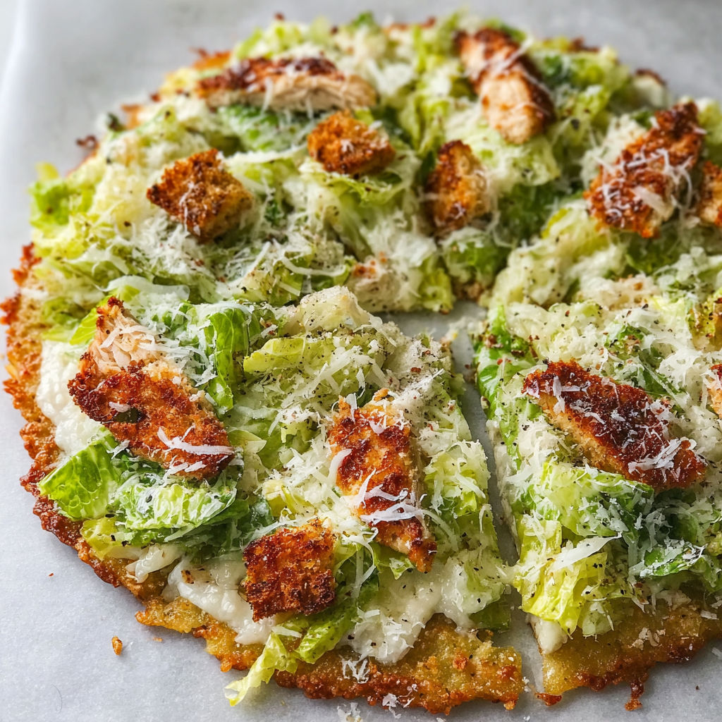 A pizza with chicken and broccoli toppings sits on a white plate.