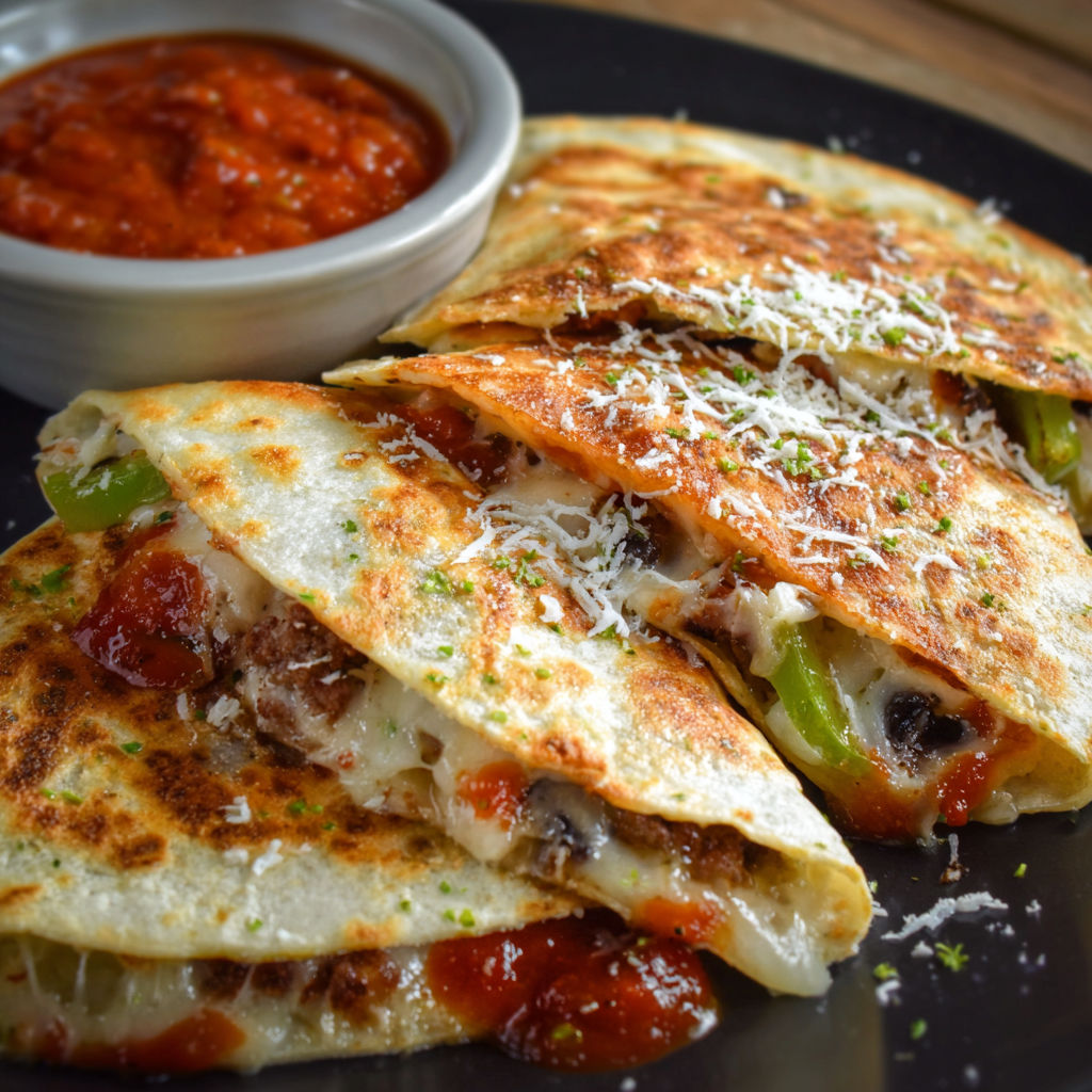 A plate of pizzadillas with sauce and cheese on top.