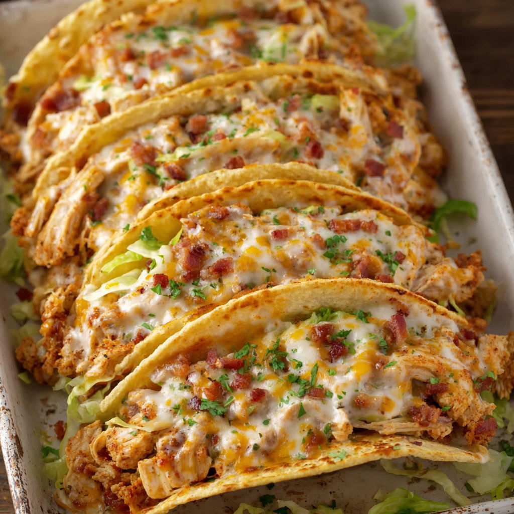 A pan of Baked Chicken Bacon Ranch Tacos.