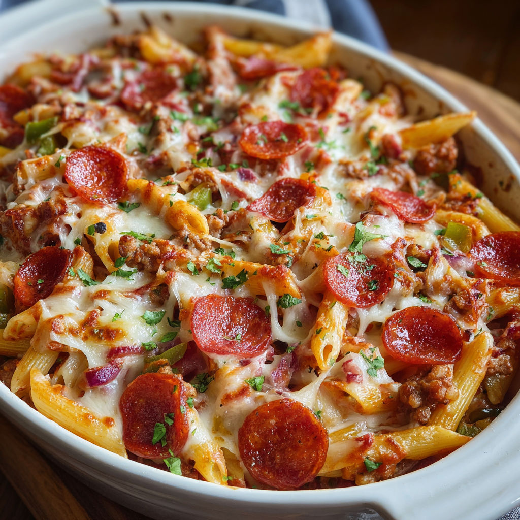 A delicious pasta bake with cheese and pepperoni toppings.