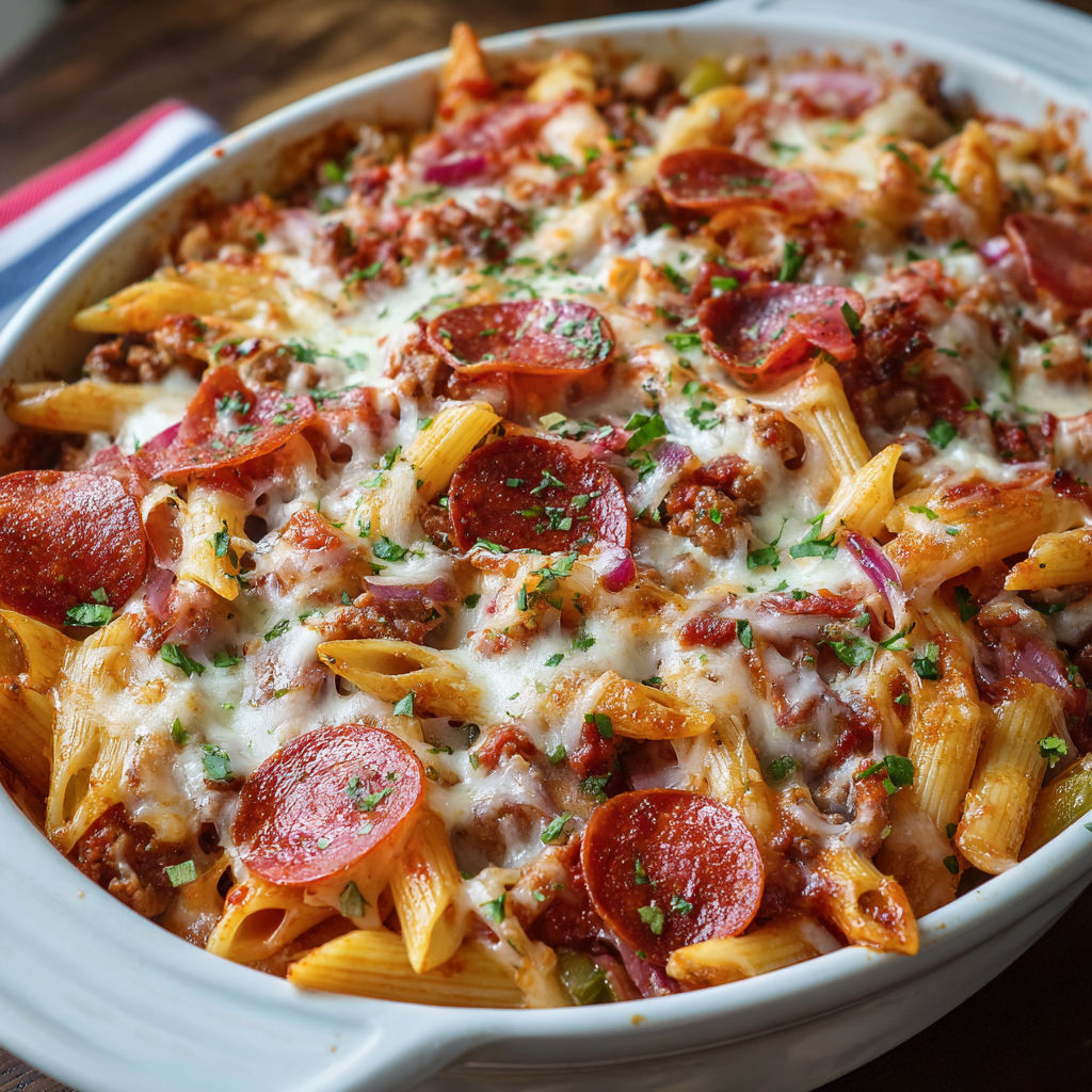 A delicious pasta dish with cheese and pepperoni toppings, ready to be served.