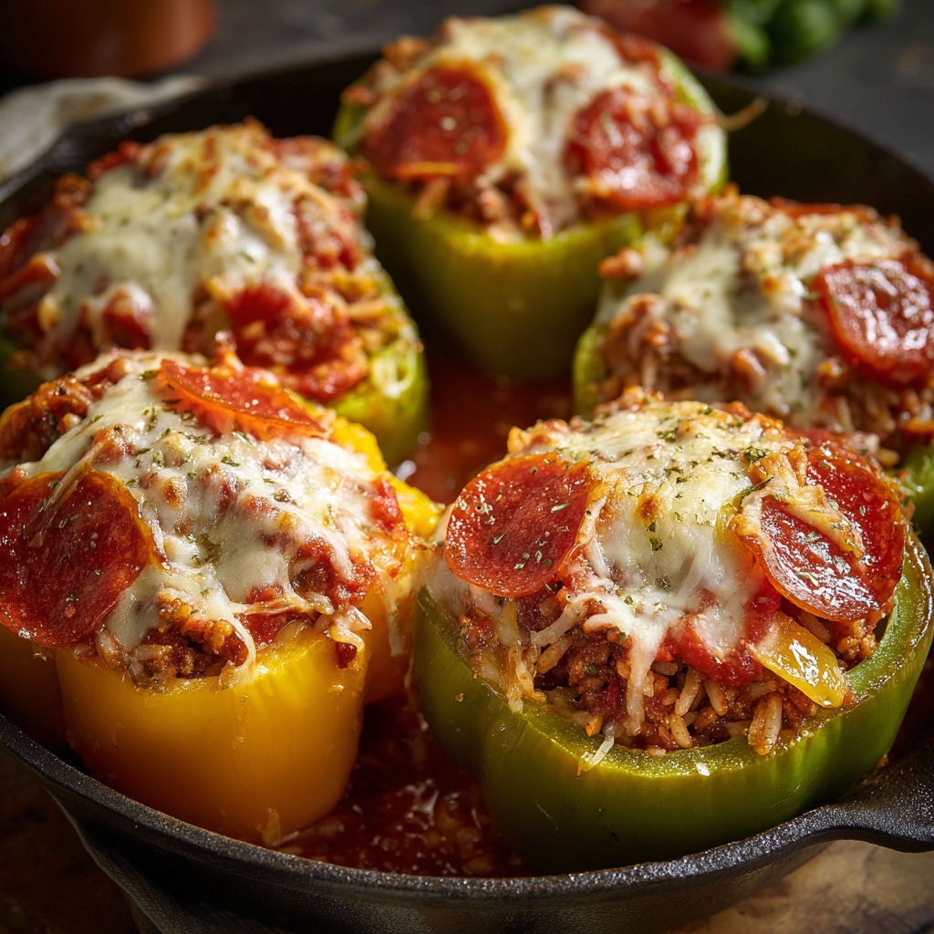 A pan of peppers with cheese and meat, likely a pepperoni and cheese stuffed pepper recipe.