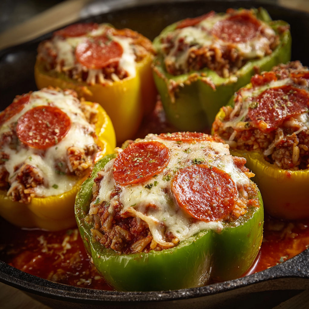 A pan of pepperoni stuffed peppers, ready to be cooked.