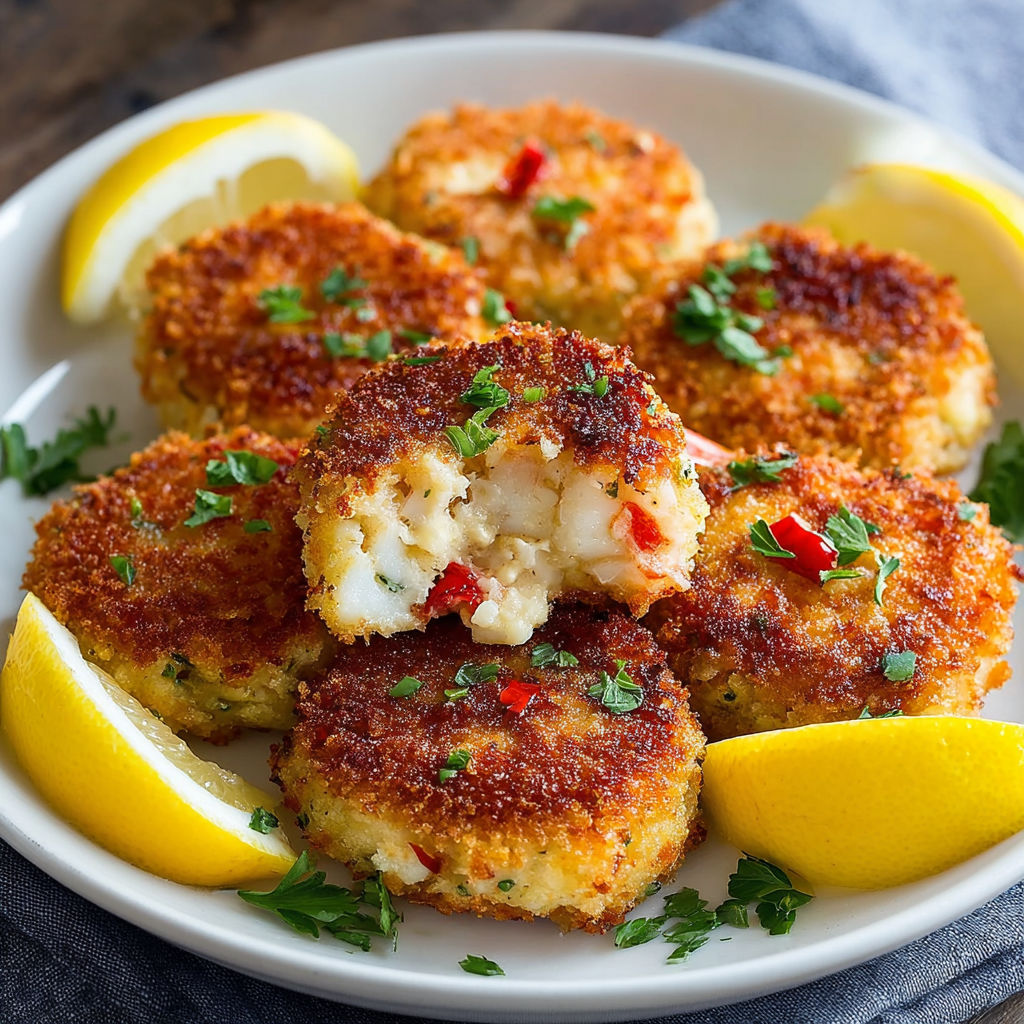 A plate of Crab Shrimp Cakes Coastal Blend with lemon wedges on the side.
