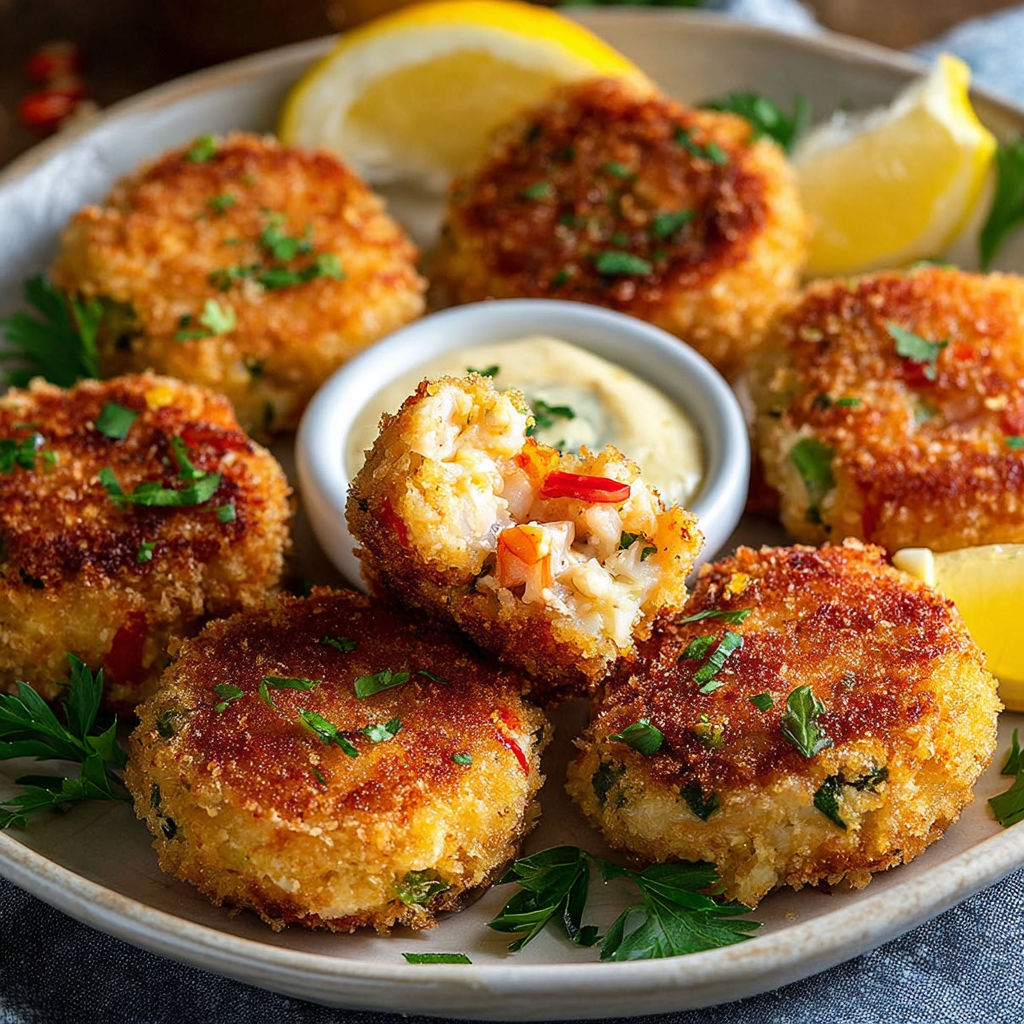 A plate of crab cakes with a lemon wedge and a bowl of sauce.