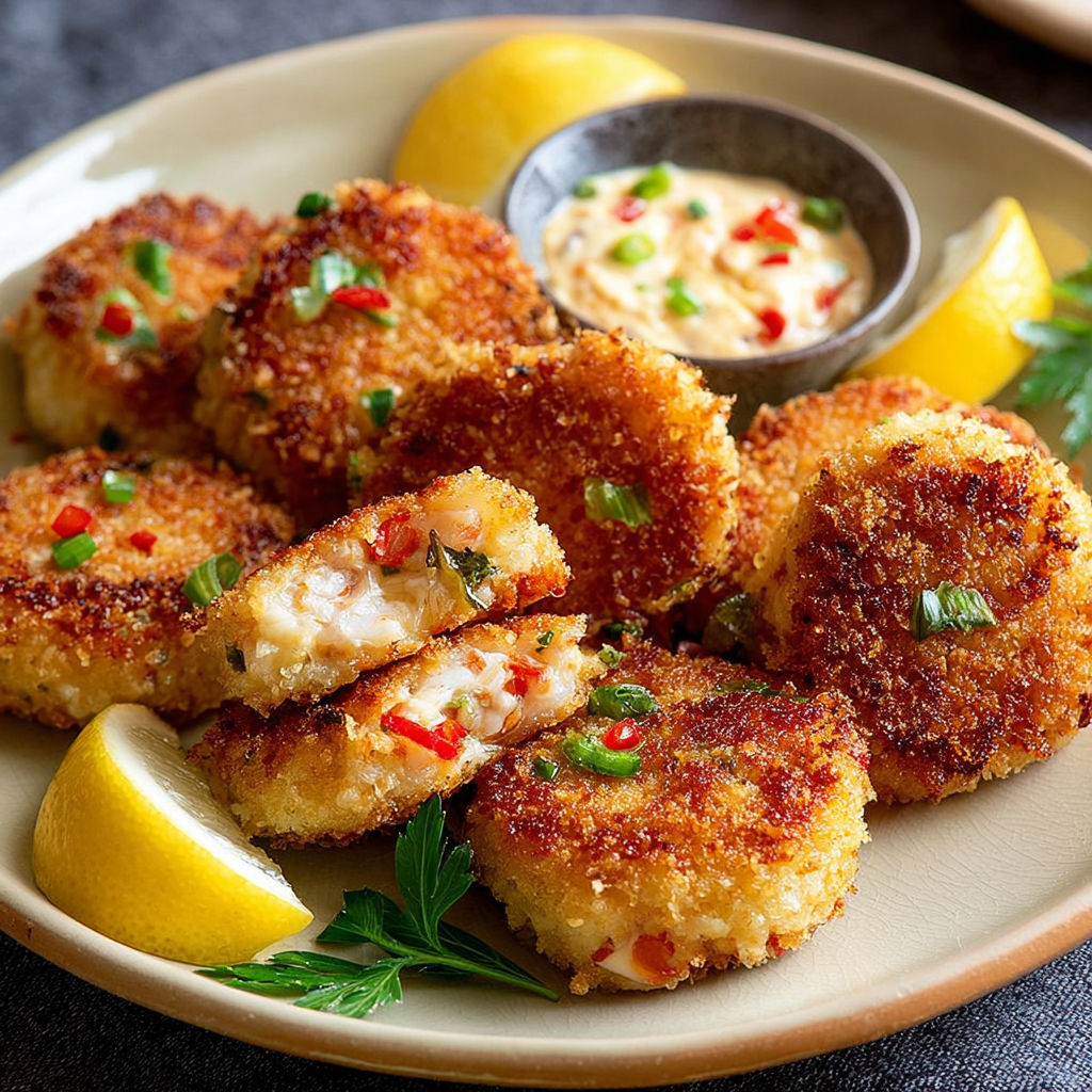 A plate of fish cakes with a lemon wedge and a bowl of dipping sauce.