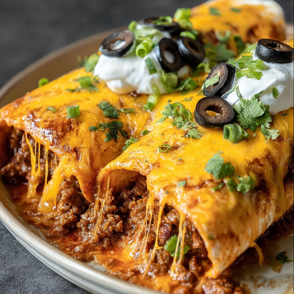 A delicious Baked Enchiritos with Cheese dish is served on a plate.