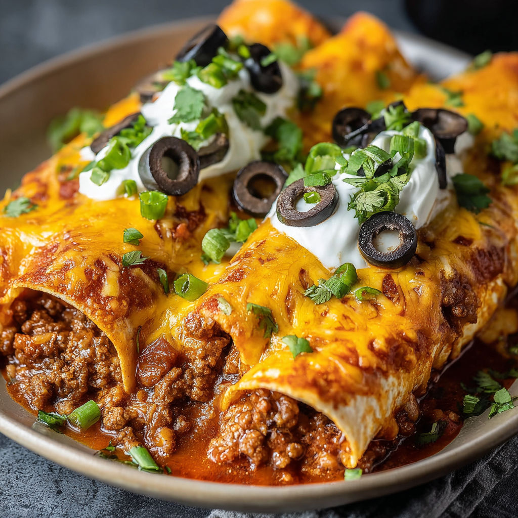 A plate of Baked Enchiritos with Cheese, topped with sour cream and black olives.