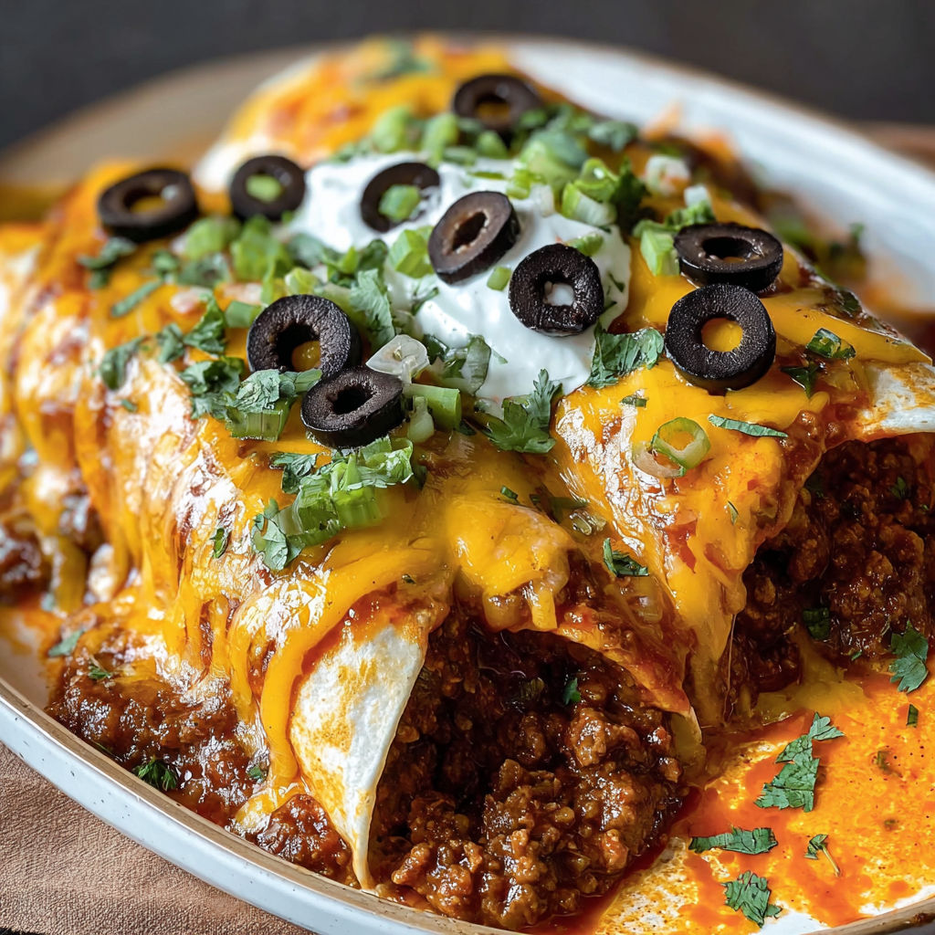 A delicious Baked Enchiritos with Cheese dish is served on a plate.