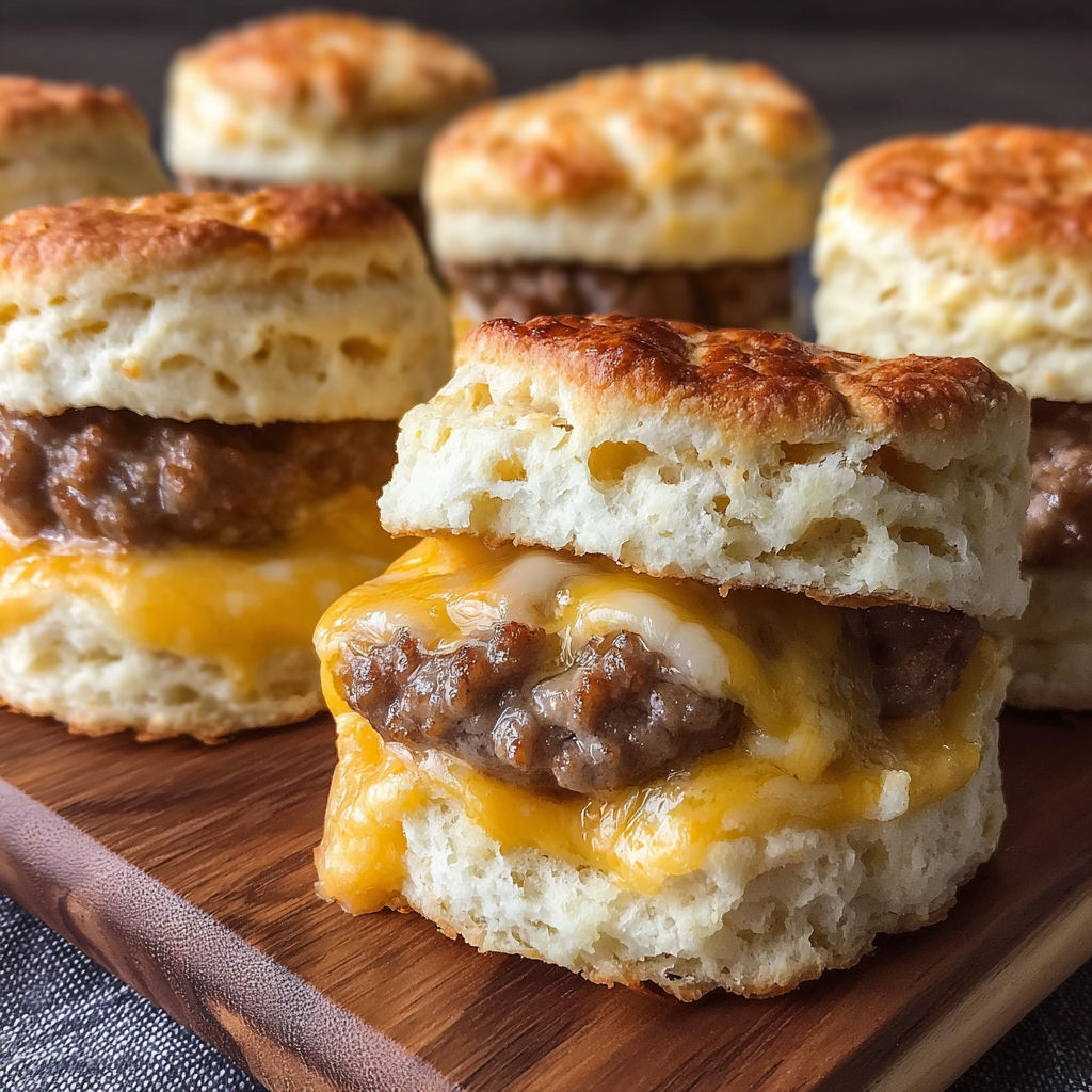 A wooden cutting board holds two delicious cheeseburger sliders.
