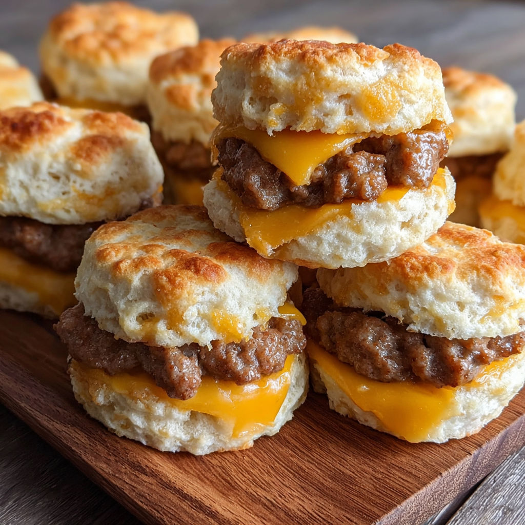 A stack of biscuits with meat and cheese sandwiches on a wooden cutting board.