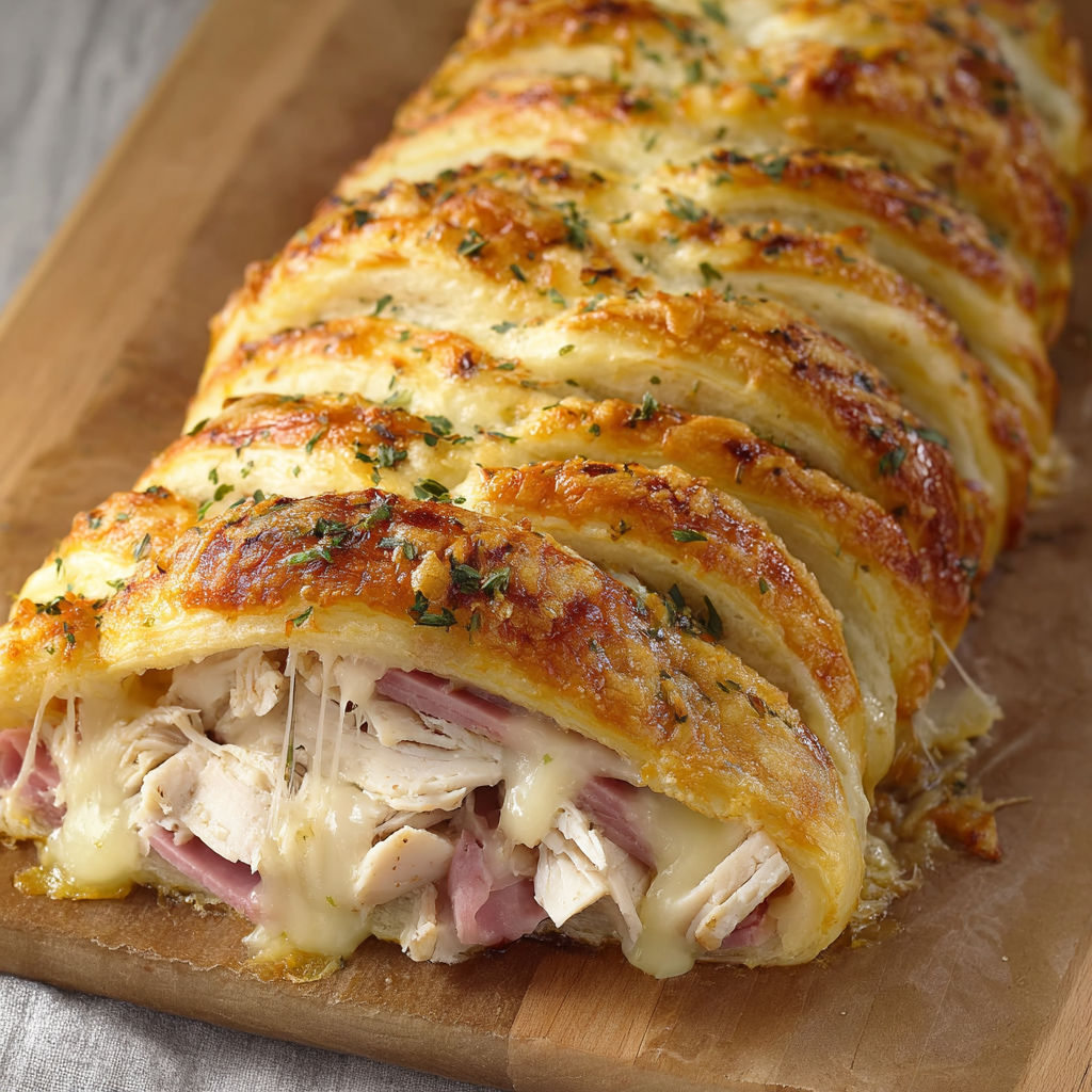 A delicious meal of chicken and cheese wrapped in a pastry.