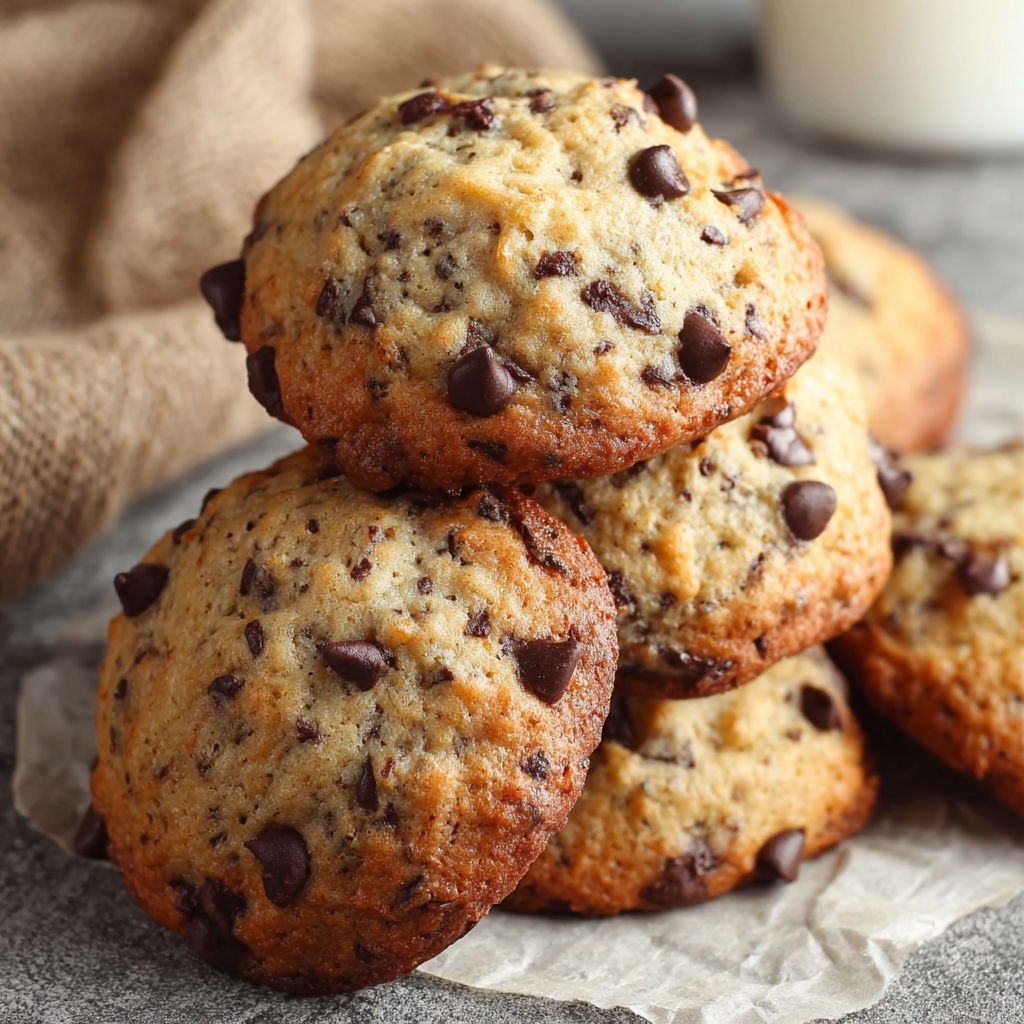 A stack of chocolate chip muffins on a table.