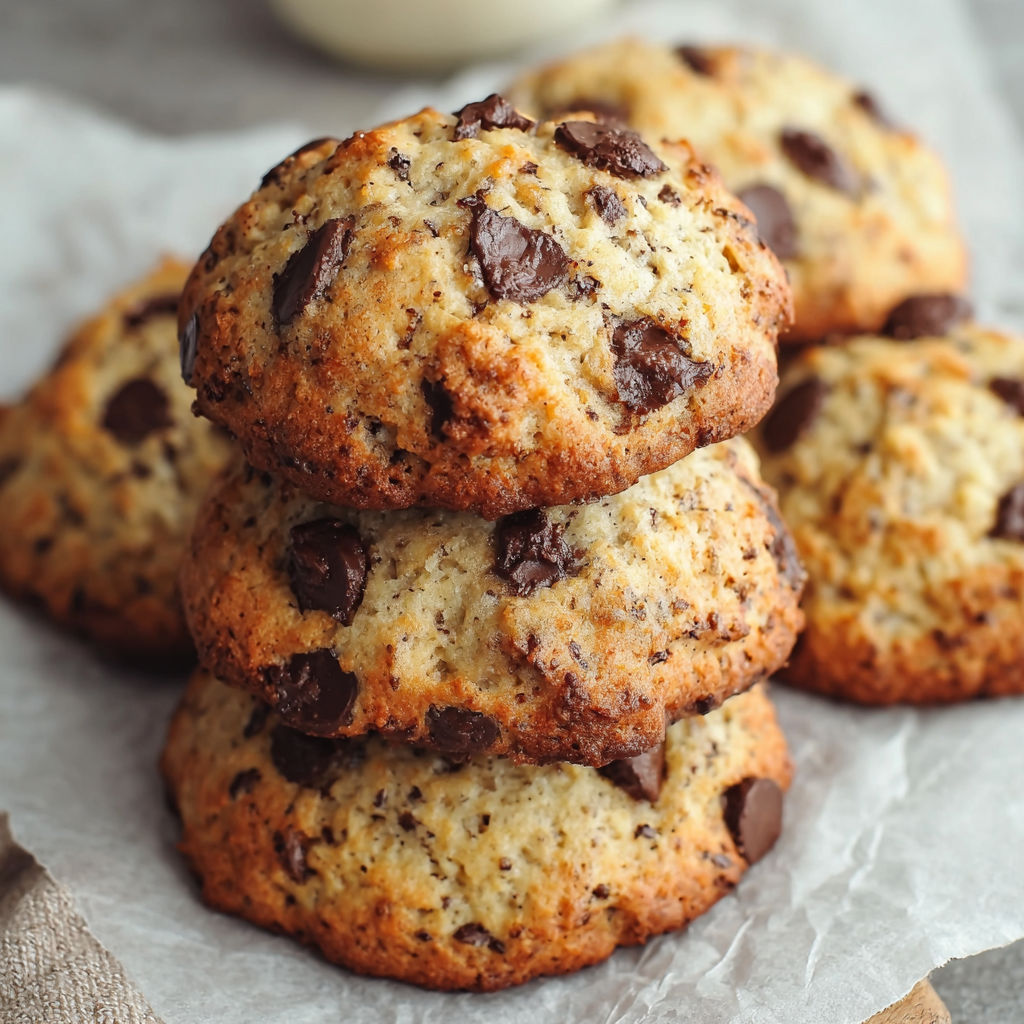 A stack of chocolate chip cookies on a white plate.
