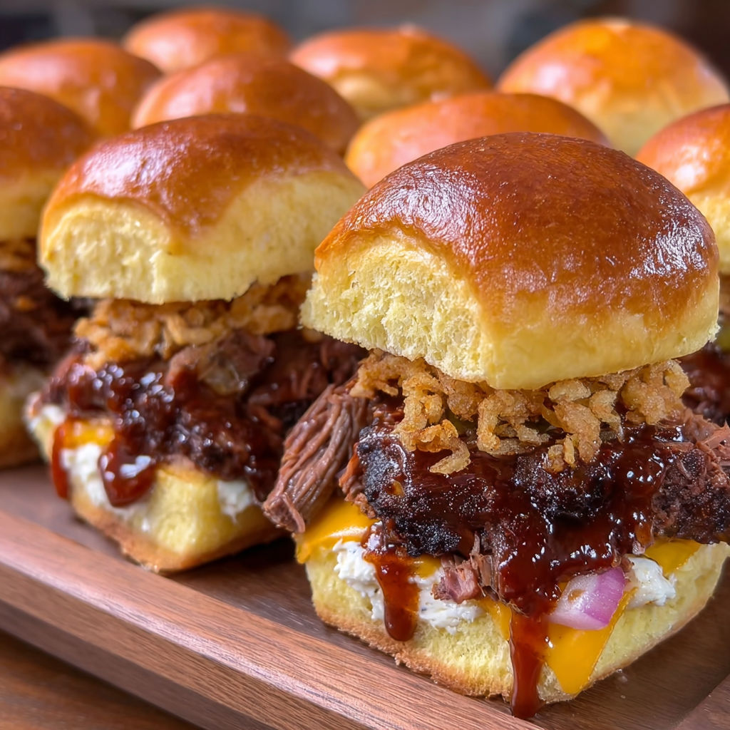 A plate of smoked Dr Pepper BBQ sliders with onions and cheese.