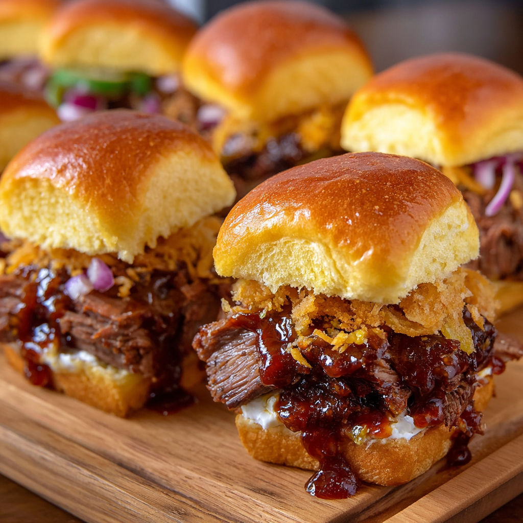 A plate of sandwiches with meat and onions, ready to be served.