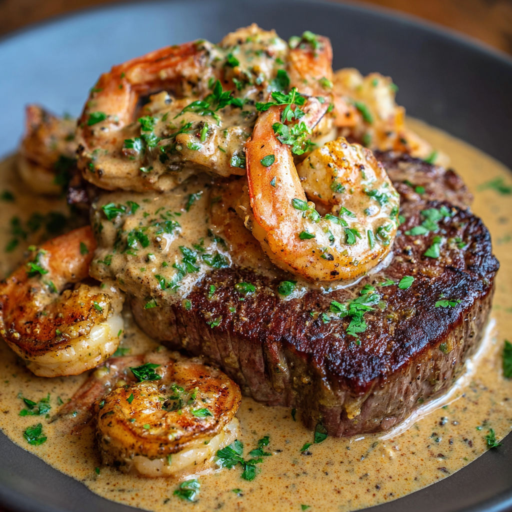 A delicious meal of steak with Cajun shrimp sauce.