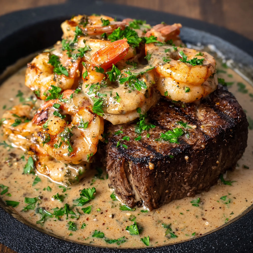 A delicious meal of shrimp and steak with a creamy sauce.