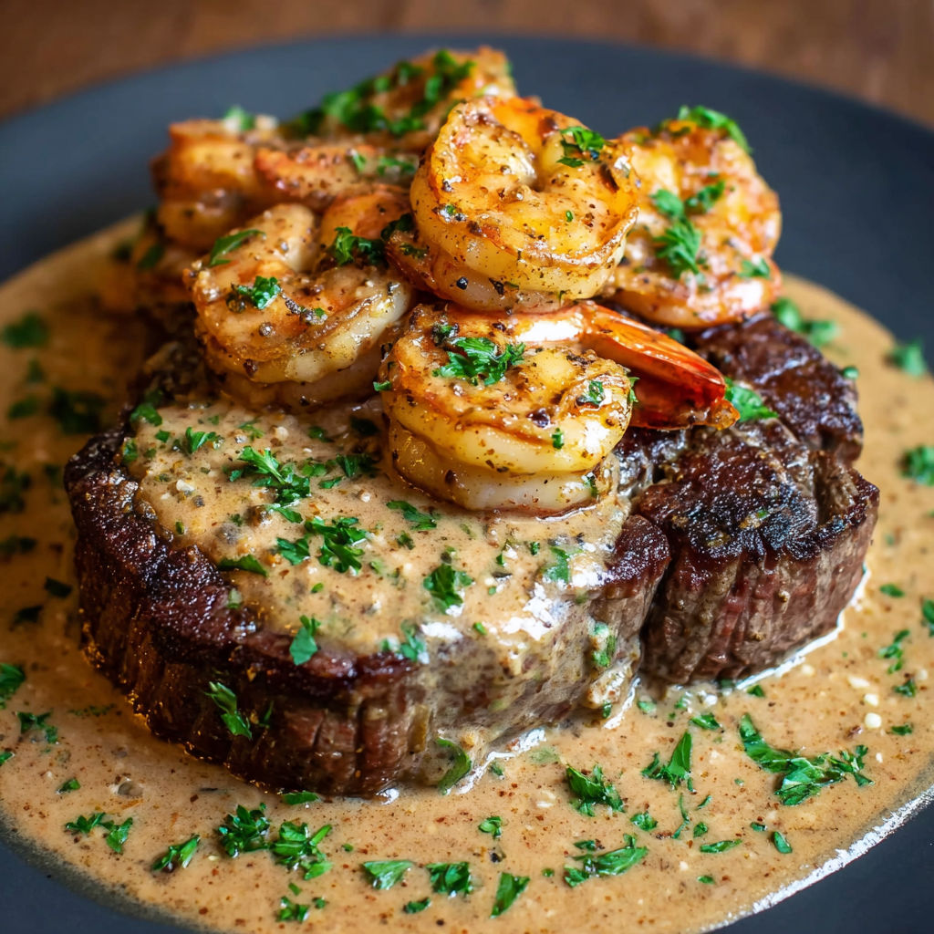 A plate of food with shrimp and sauce on top.