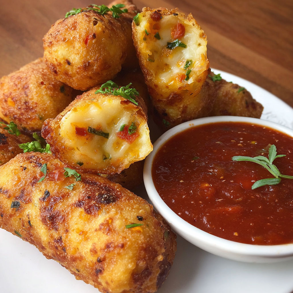 A plate of cheese sticks with marinara sauce.