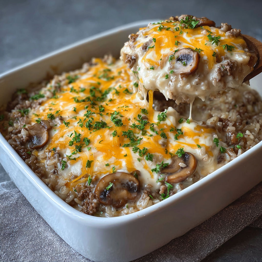 A delicious Creamy Beef Mushroom Rice Bake is served in a white bowl.