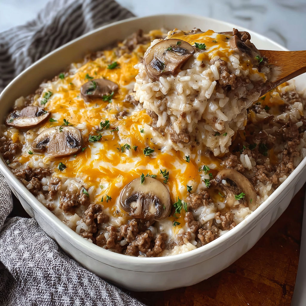 A bowl of rice with mushrooms and cheese, ready to be baked.