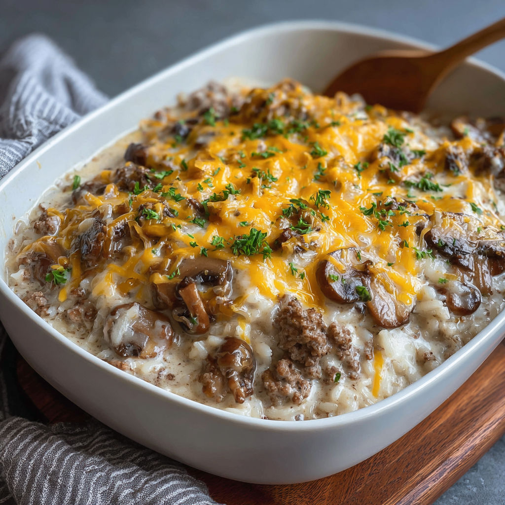 A delicious Creamy Beef Mushroom Rice Bake is served in a white bowl.