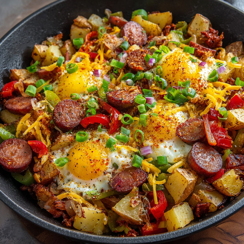 A delicious breakfast dish is served in a black bowl, featuring eggs, potatoes, sausage, and peppers.