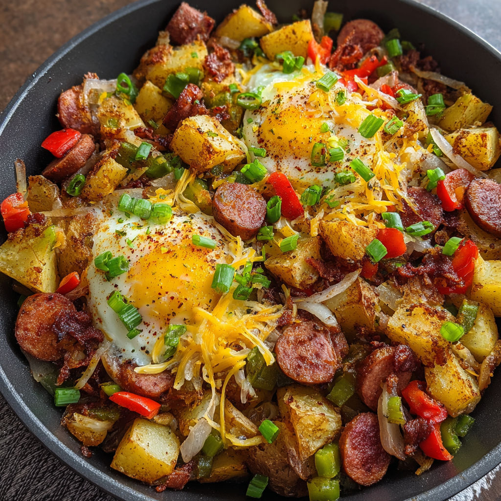 A delicious breakfast dish with eggs, potatoes, and sausage, served in a black bowl.