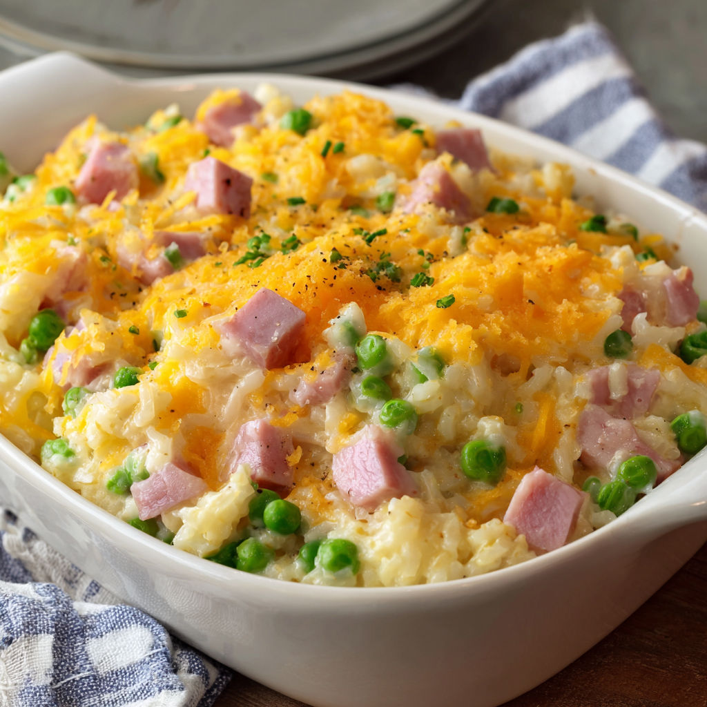A delicious casserole with ham and peas in a white bowl.