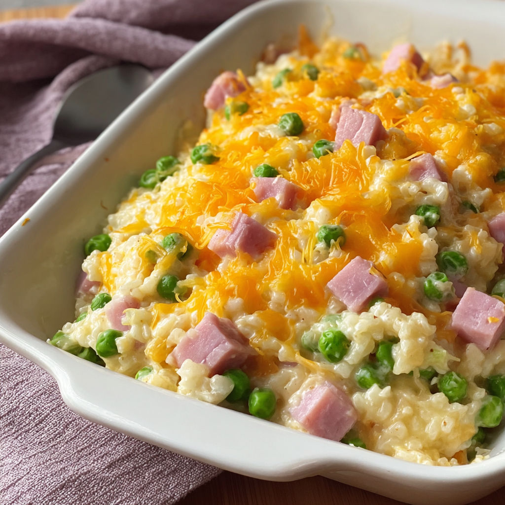 A white bowl filled with a delicious ham and pea casserole.