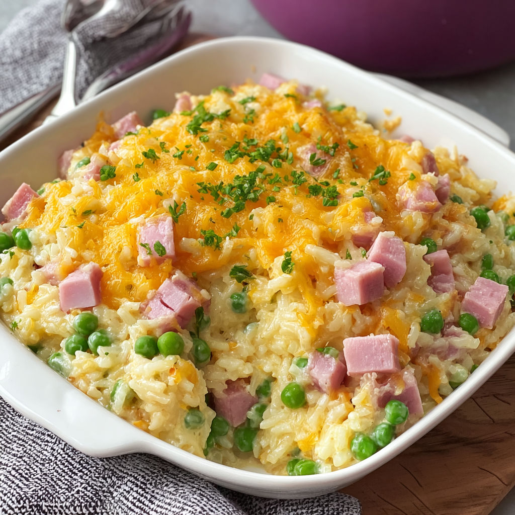 A delicious Cheesy Ham and Pea Casserole is served in a white bowl.