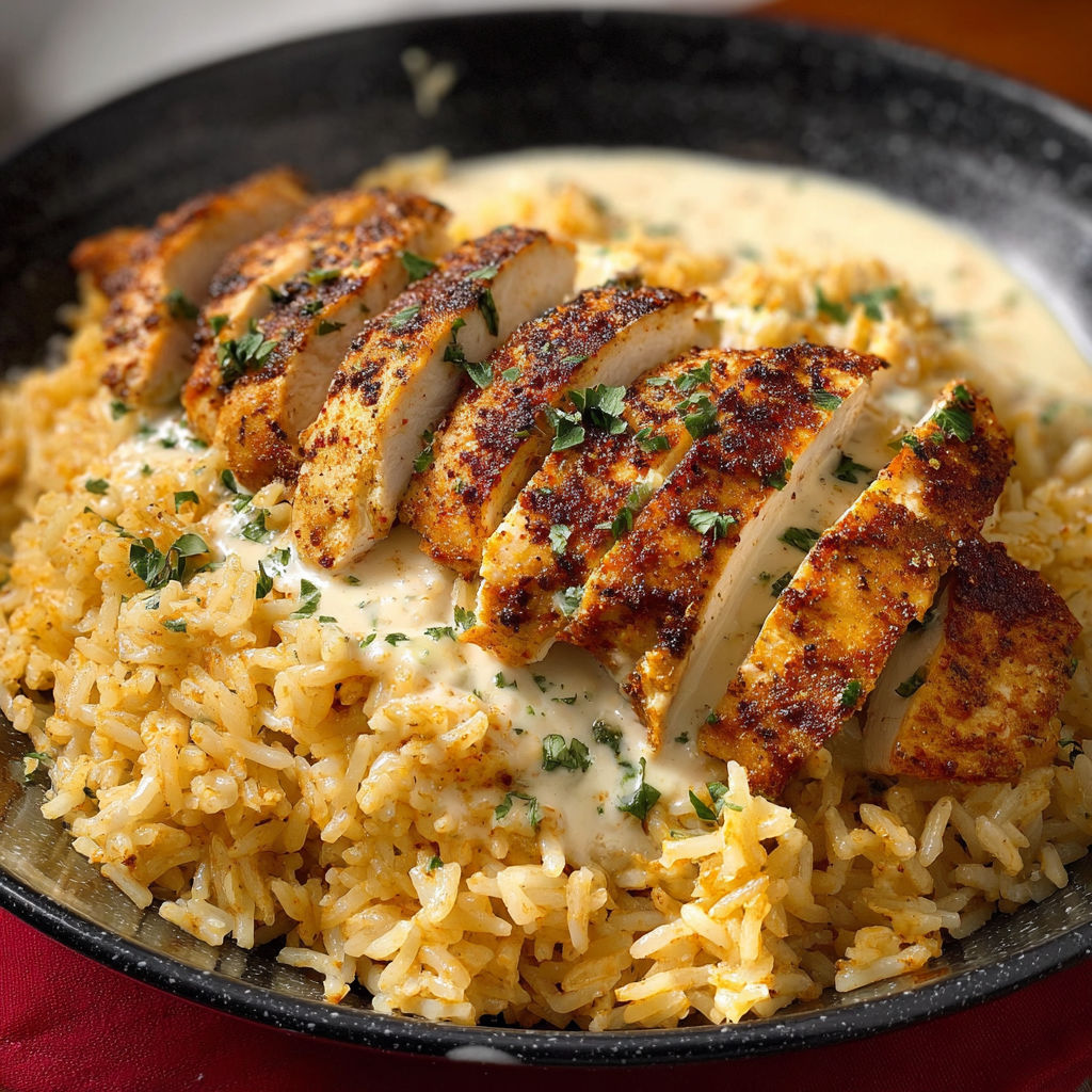 A delicious Creamy Cajun Chicken Rice dish served in a black bowl.