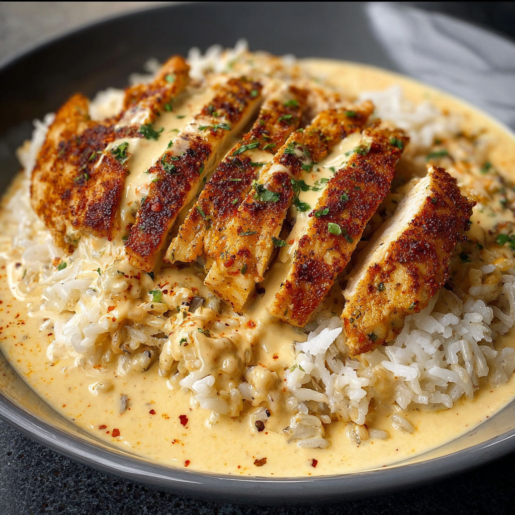 A plate of rice and chicken with a creamy sauce, possibly a curry, is served on a dining table.