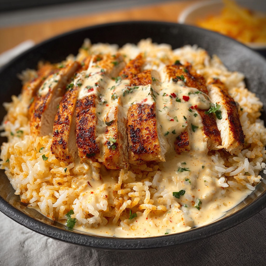 A bowl of rice with chicken and sauce, possibly a creamy chicken and rice dish.