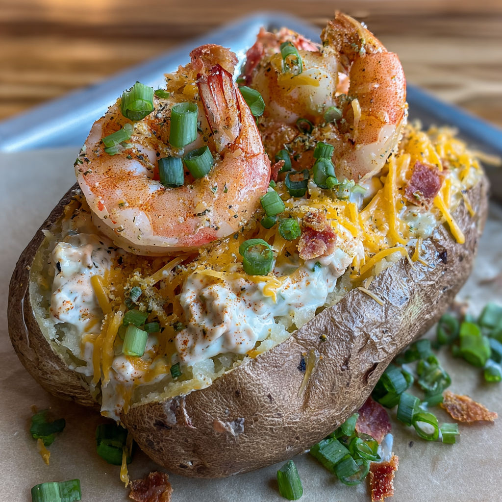 A loaded seafood baked potato with shrimp, cheese, and bacon on top.