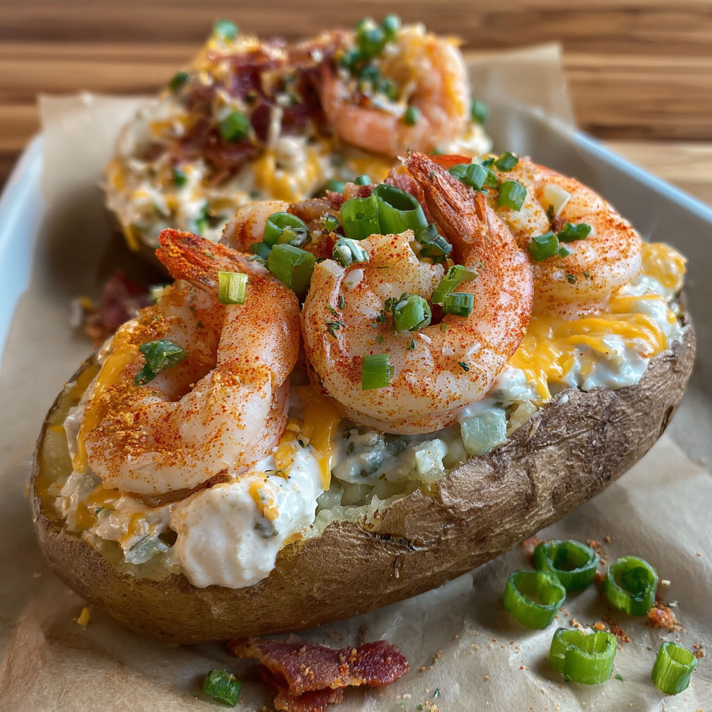 A loaded seafood baked potato with shrimp, cheese, and bacon on top.