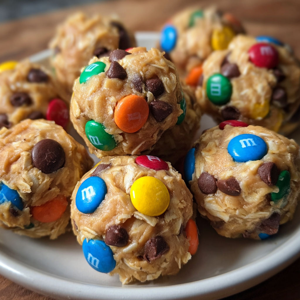 A plate of Monster Cookie Dough Balls with M&M's and chocolate chips.
