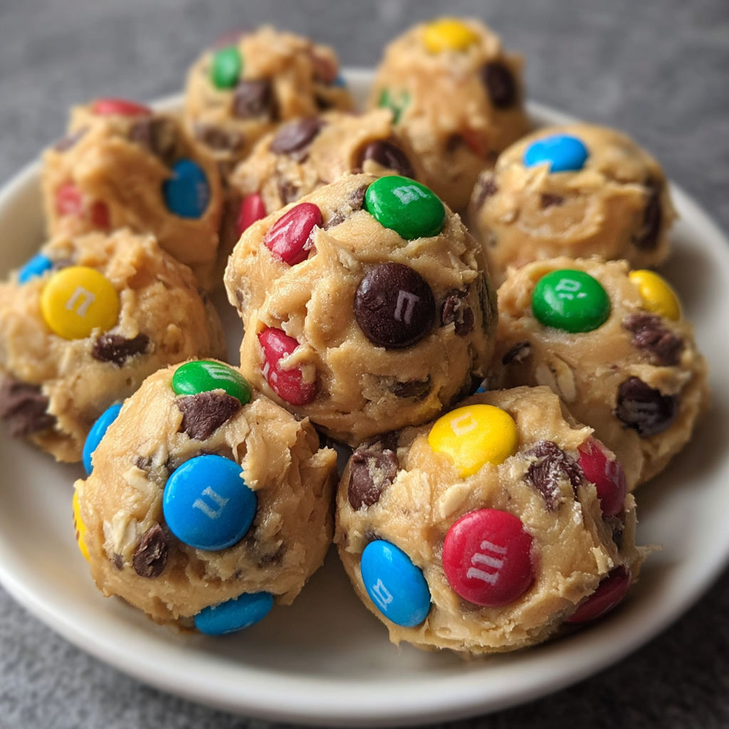 A plate of M&M cookies with chocolate and peanut butter.