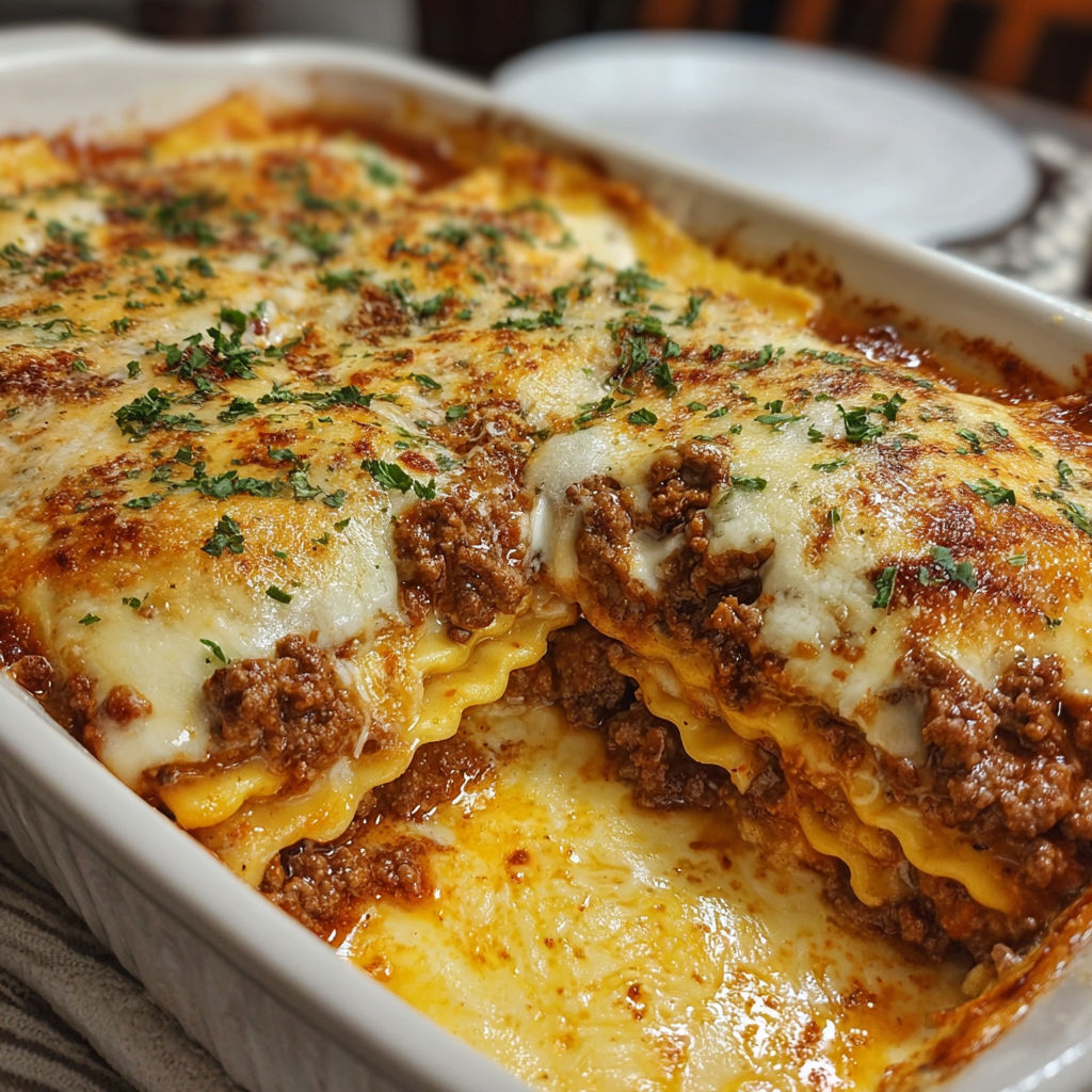 A delicious homemade Million Dollar Baked Ravioli, ready to be served.