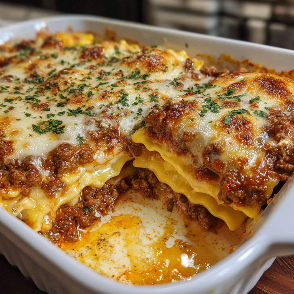 A dish of lasagna with meat and cheese, served in a white bowl.