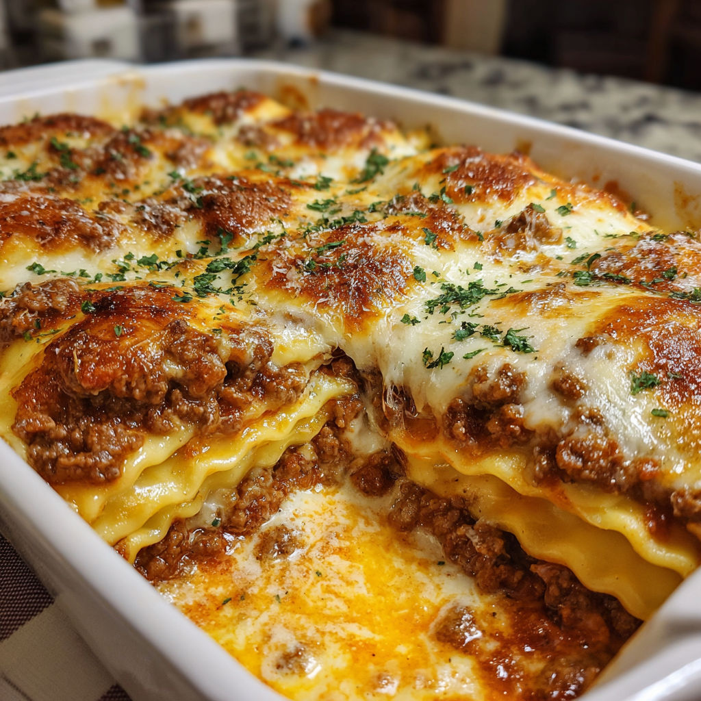 A white bowl filled with lasagna, a delicious Italian dish.