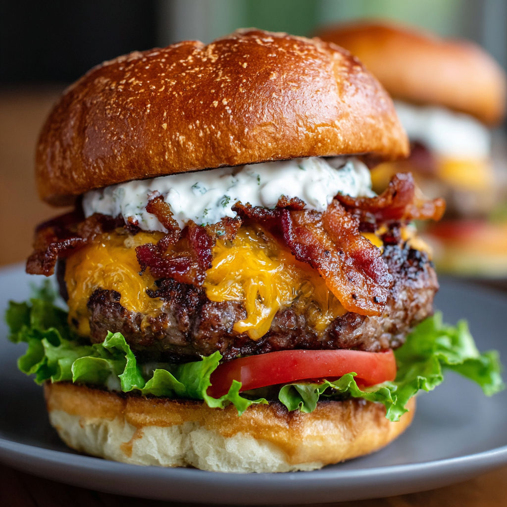 A Crack Burger is served on a bun with lettuce, tomato, and bacon.