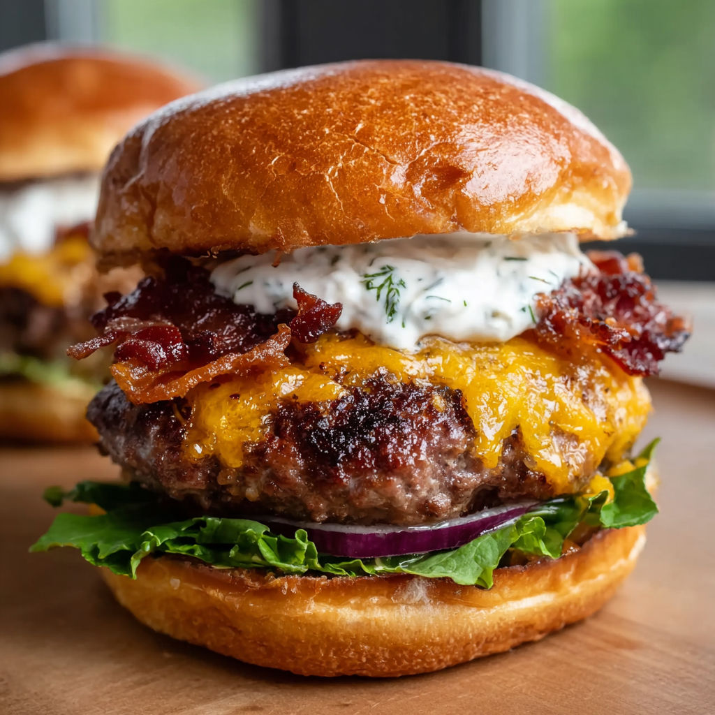 A close up of a hamburger with lettuce, tomato, and bacon, with a side of fries.