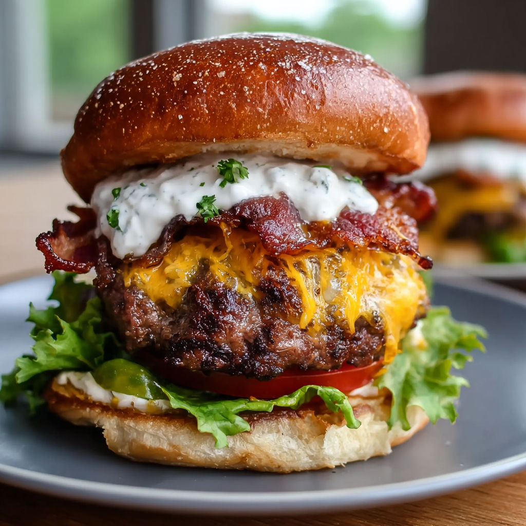 A close-up of a bacon cheeseburger with lettuce and tomato on a bun.
