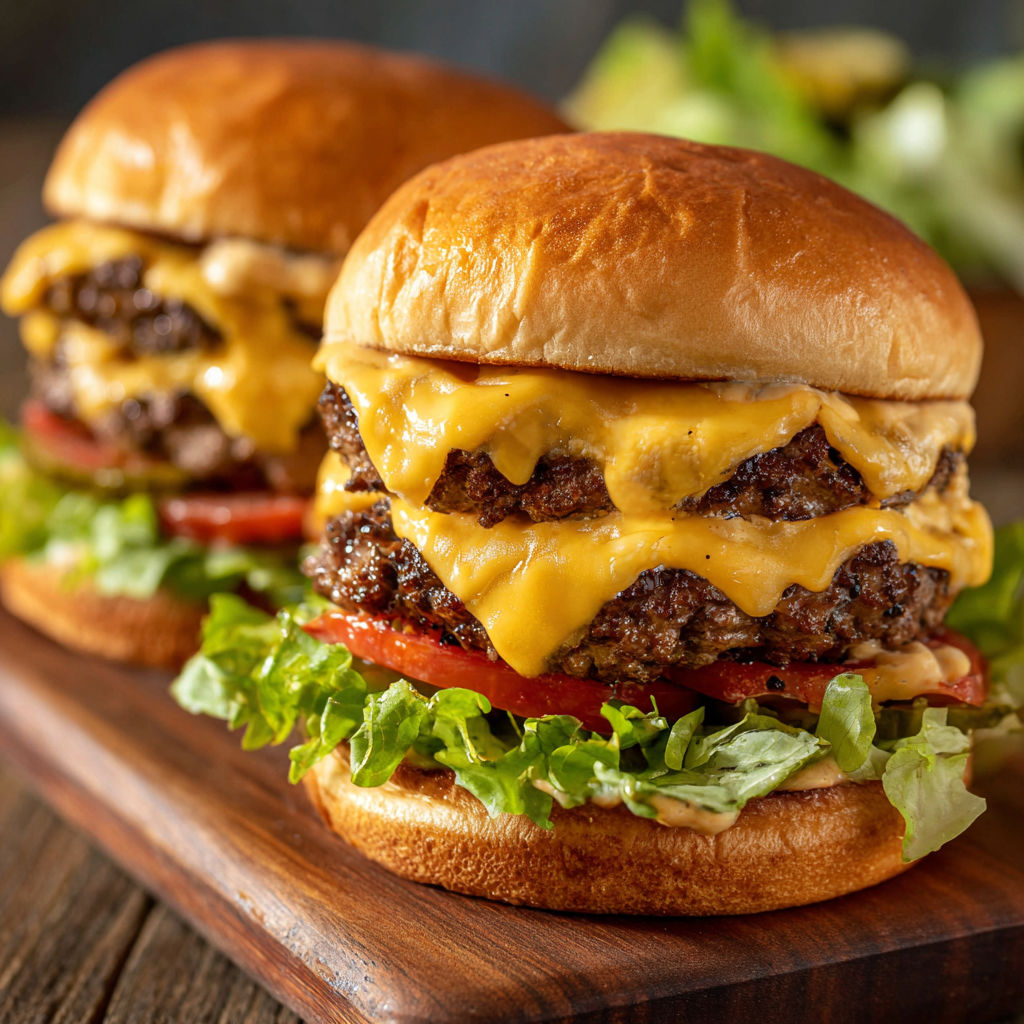 Two cheeseburgers with lettuce and tomato on a wooden cutting board.