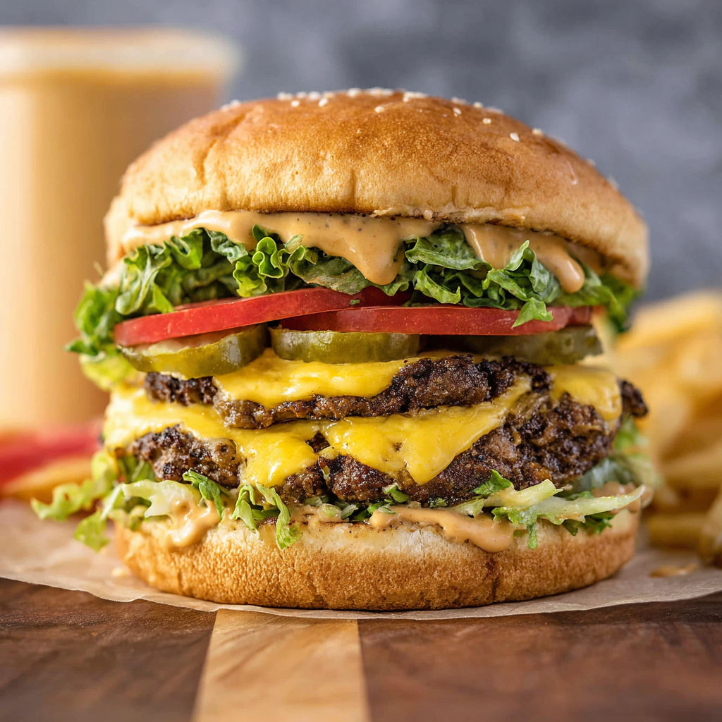 A close-up of a cheeseburger with lettuce, tomato, and pickle, accompanied by a side of fries.
