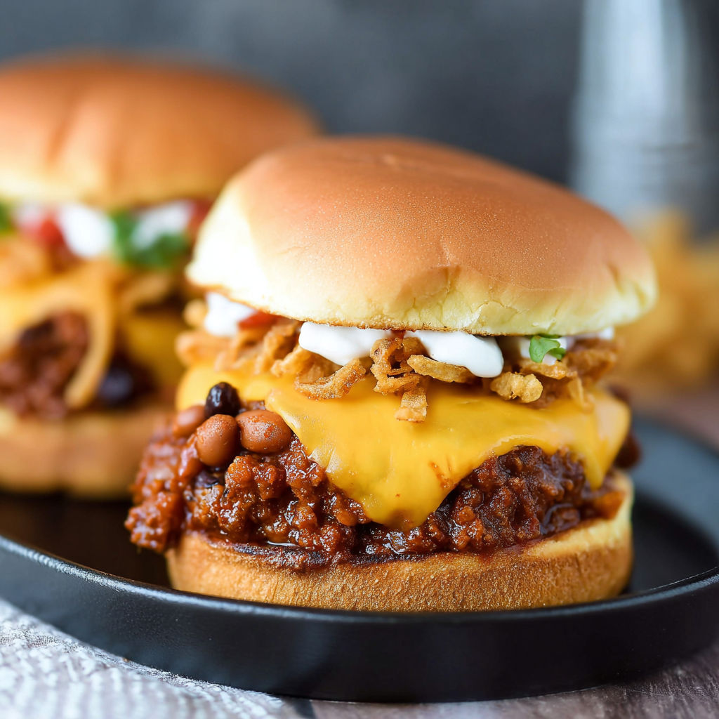 Two chili cheese burgers with onions and lettuce on a plate.