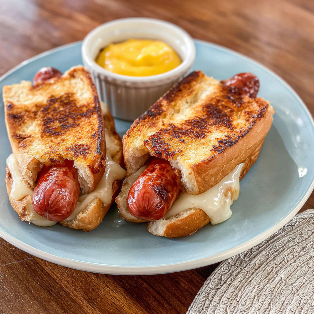 A plate of two grilled hot dogs with cheese and mustard, served with a side of a small bowl of mustard.