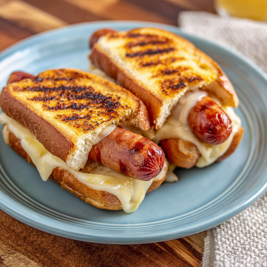 A plate of two grilled hot dogs with cheese and mustard on a wooden table.
